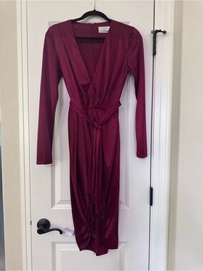 red long sleeve dress target Women's Basic Bodycon Long Sleeve Dress Slim Fit Stretch Knit with Ruched Detail Wine red,M